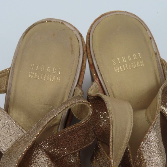 Stuart Weitzman Women 9M Gold Glitter Cork Platform Wedge Sandals Strappy Shoes - Picture 10 of 13